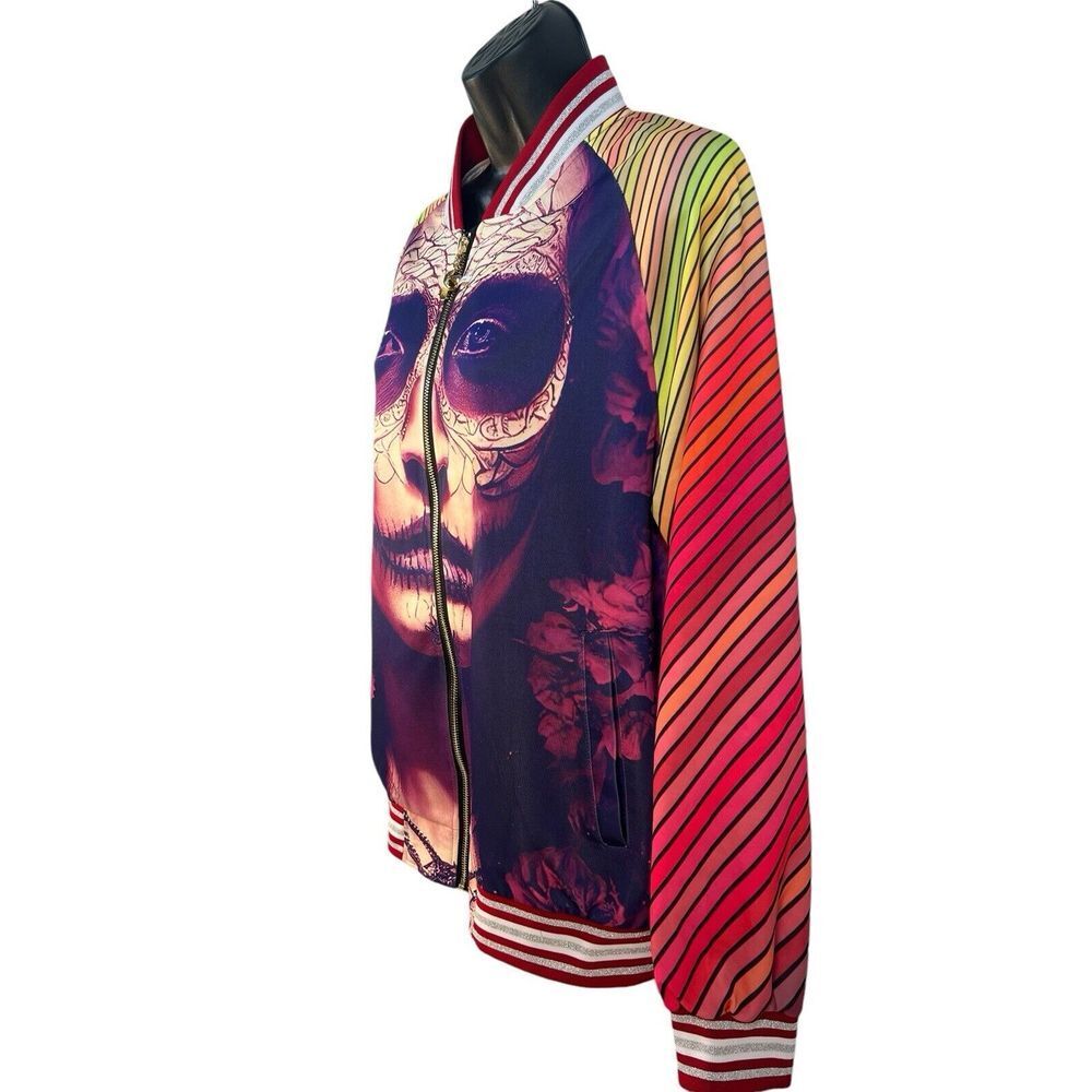 PRETTY WORTHY‎ day of the dead graphic print womens bombe jacket L - Picture 4 of 8